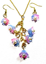 Gold Tone Pink  Blue Flower 18" Necklace  Pierced Earrings - NWOT  3357 