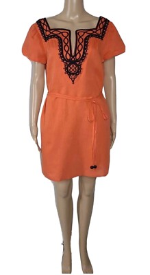 MILLY Cabana Coral Cotton Linen Blend Embroidered Belted Mini Dress Sz S