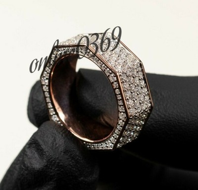 Rose Gold Plated mens Octagonal Periphery Cubic Zirconia Band Ring Silver