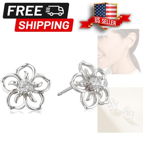 Elegant Silver Flower Stud Earrings with Lab Created White Sapphire Gems