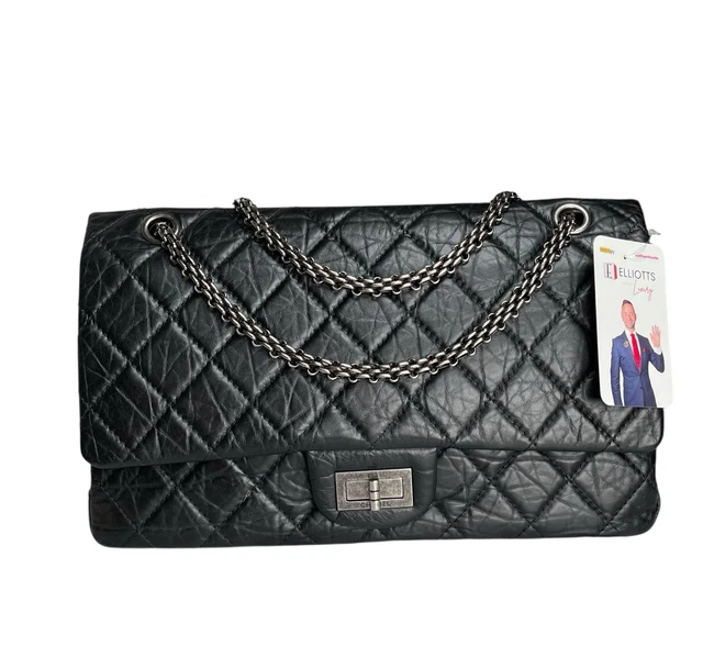 Chanel CC 255 Re-Issue Large Black Aged Calf Gunmetal Hardware Double Flap Purse
