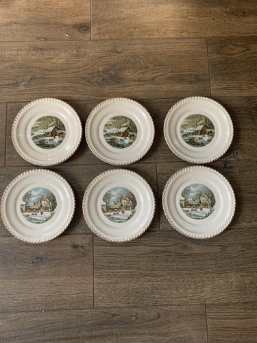 Vintage Harkerware Currier and Ives Set of 6 Plates Winter Homestead Scenes