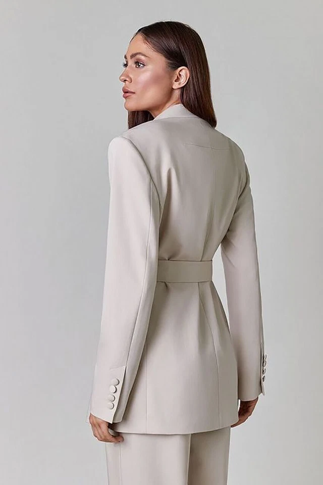 Nuevo Primavera Mujeres Damas Trajes 2 Piezas Doble Pecho con Cinturón Pantalones Anchos Foto 4 de 4