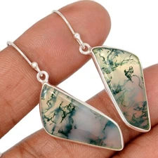 Natural Moss Agate - India 925 Sterling Silver Earrings Jewelry CE47354