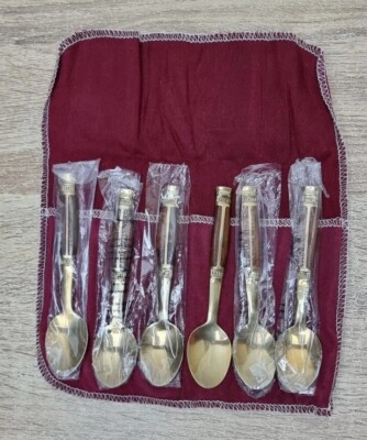 Thailändische Bronze und Rosenholz Teelöffel 6er Set mit Etui Vintage
