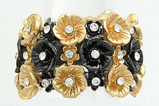 Stretch Ring: Clear Rhinestone Dark Silver Tone  Gold Tone Flowers Stretch Ring