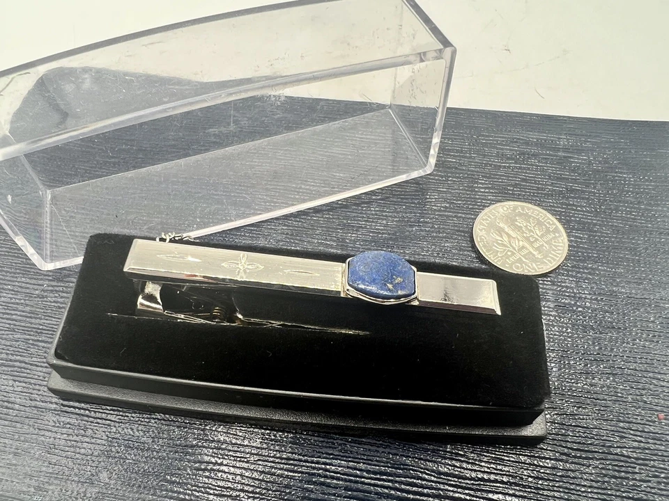 Vintage Lapis Lazuli & Shiny Chrome Tie Clasp Clip Unused Old Store Stock 1990s - Image 2 of 4