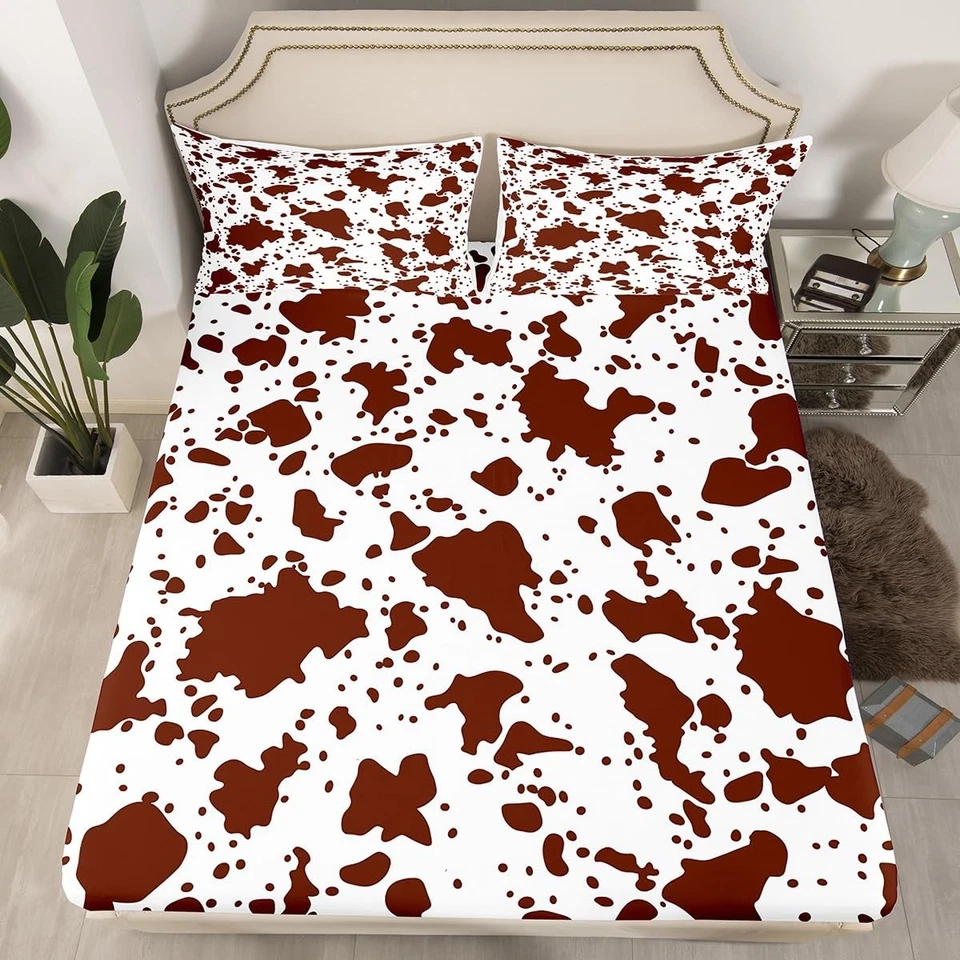 牛皮印花床单全尺寸白色棕色牛皮床单套装 4 件套儿童... — 第 3/4 张图片