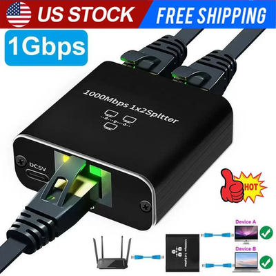 #ad RJ45 Gigabit Ethernet Splitter 1000Mbps LAN Network Internet 1 to 2 Out Adapter $9.99