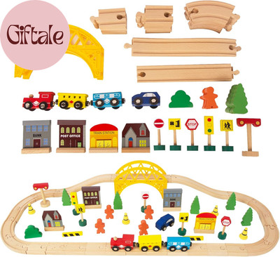60Pcs Train Set for 3 Year Old Boys, Double-Side Wooden Train Set Tracks for Tod
