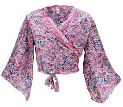 Kurztop, Boho Blusentop, Wickeltop, Wickelbluse mit Trompetenärmeln - flieder