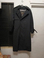 London Fog By Towne Womens Black Trenchcoat Houndstooth Wool Lining Sz 14 Petite