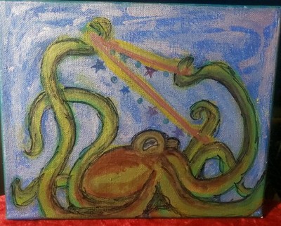 Octopus and Star Lights Small Painting On Canvas Original Art 8x10