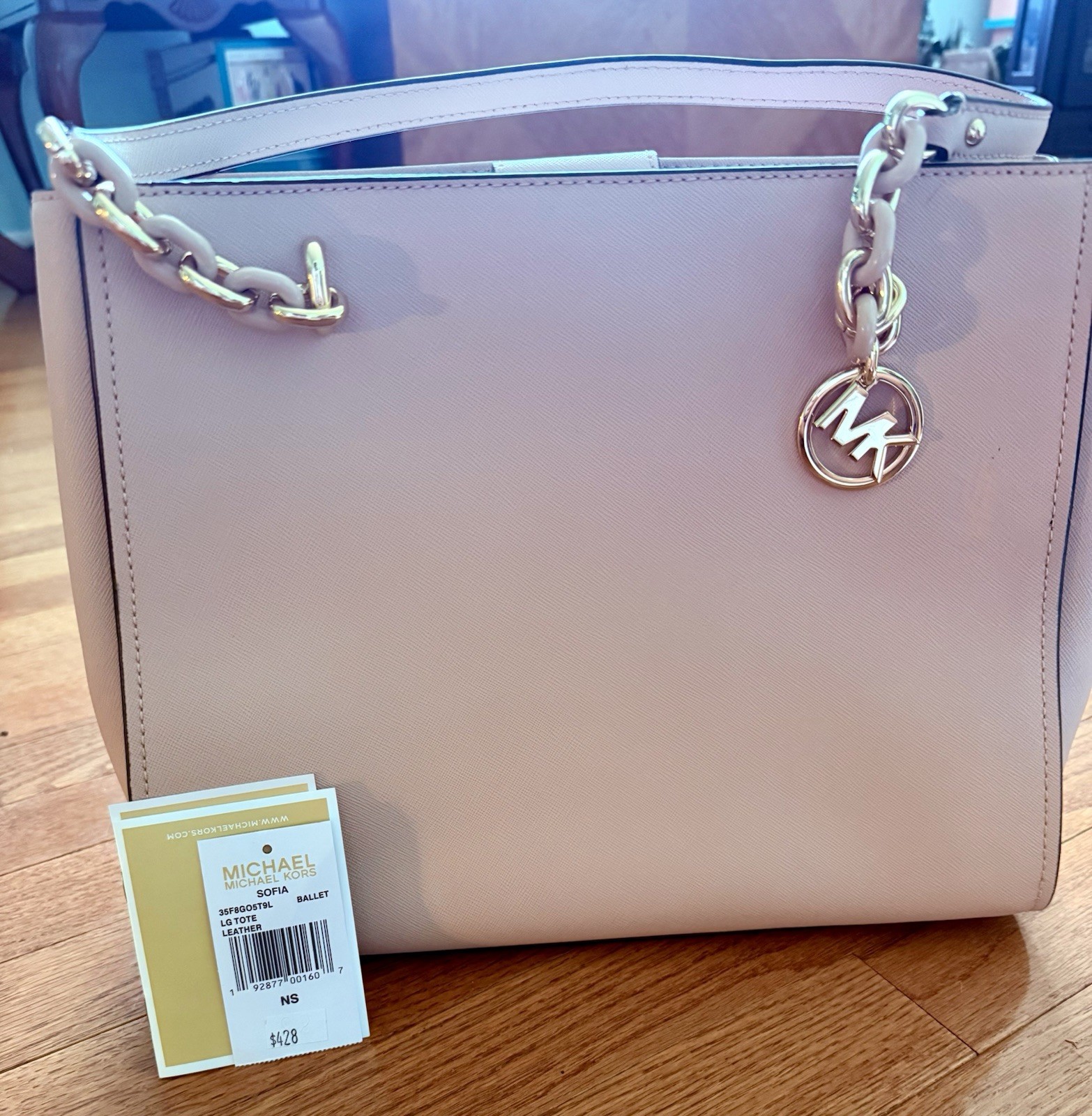 Michael Kors Large Ballet Pink Tote Gold Hardware Zip Shoulder Strap MK Charm
