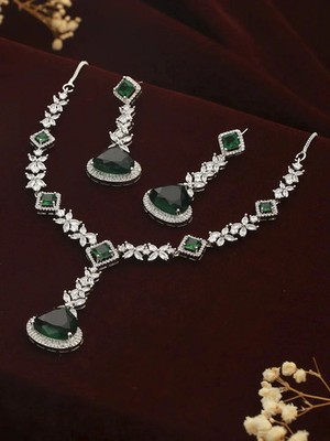 Emerald Floral Drop Diamond 14K White Gold Over Necklace Earrings Jewellery Set
