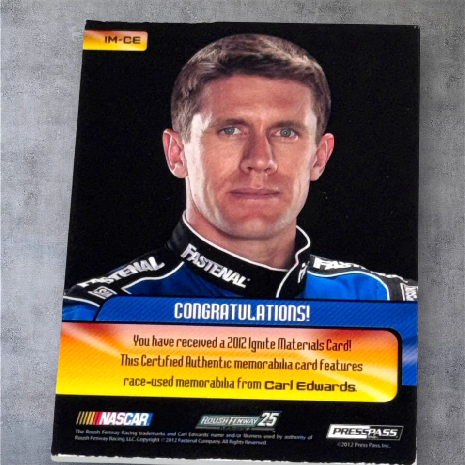 Carl Edwards 2012 PRESS PASS IGNITE RACE USED FIRESUIT NASCAR signed card - Image 2 of 2