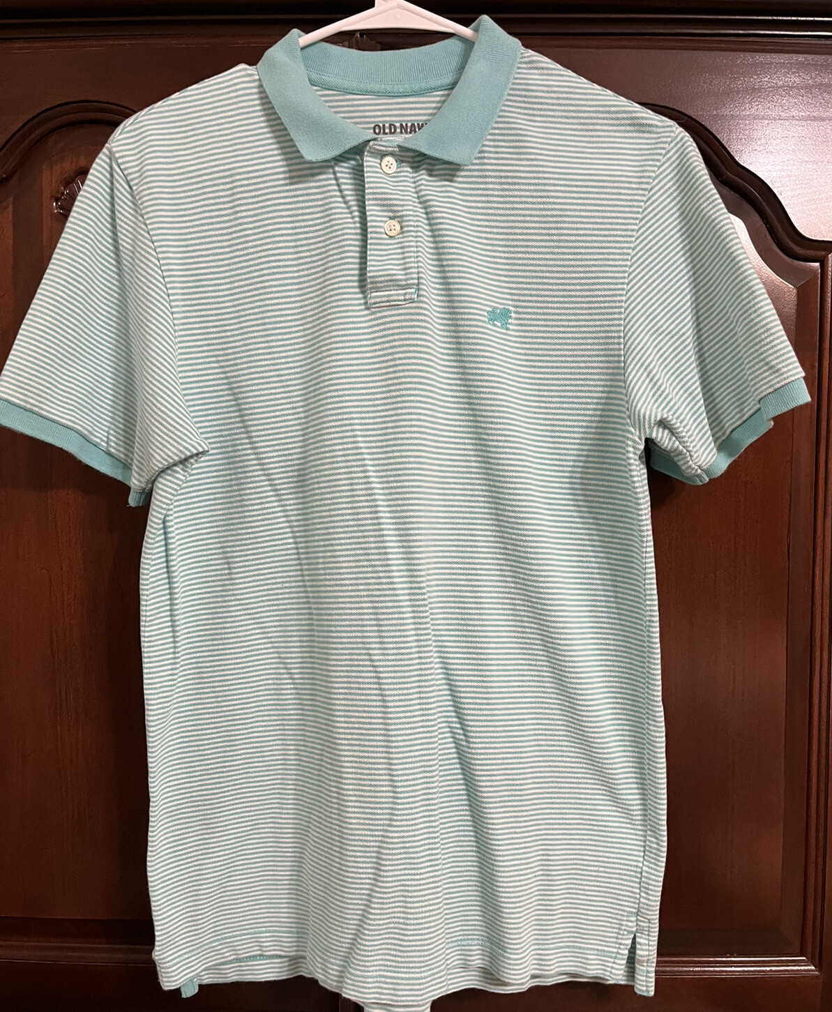 Old Navy size S aqua blue white striped polo short sleeve shirt men's