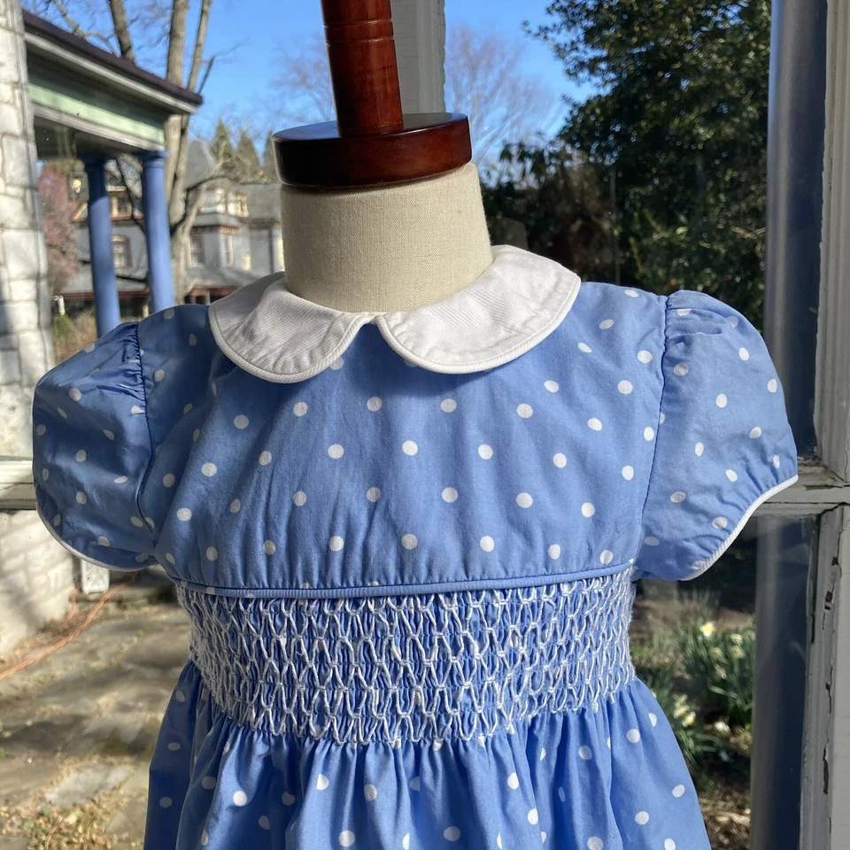 Charming Hartstrings Blue Dotted Smocked Dress, Girls Sz 4 Peter Pan Collar - Image 2 of 4