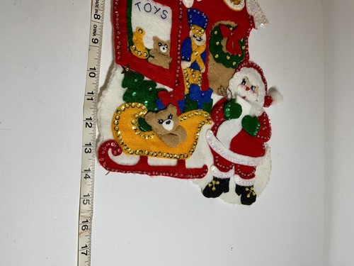 Completed Storybook Christmas Stocking Santa’s Toy Shop Felt Sequin - Picture 4 of 4