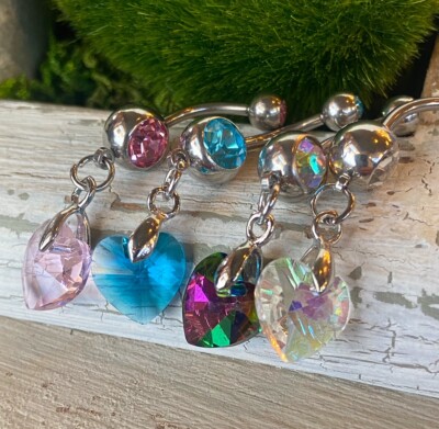 Crystal Ray Prism Heart Gem Belly Ring Navel Naval AB, Clear, Pink, Aqua 
