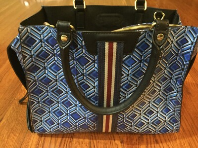 New blue patterned large tote handbag pocketbook shoulder bag well made ...