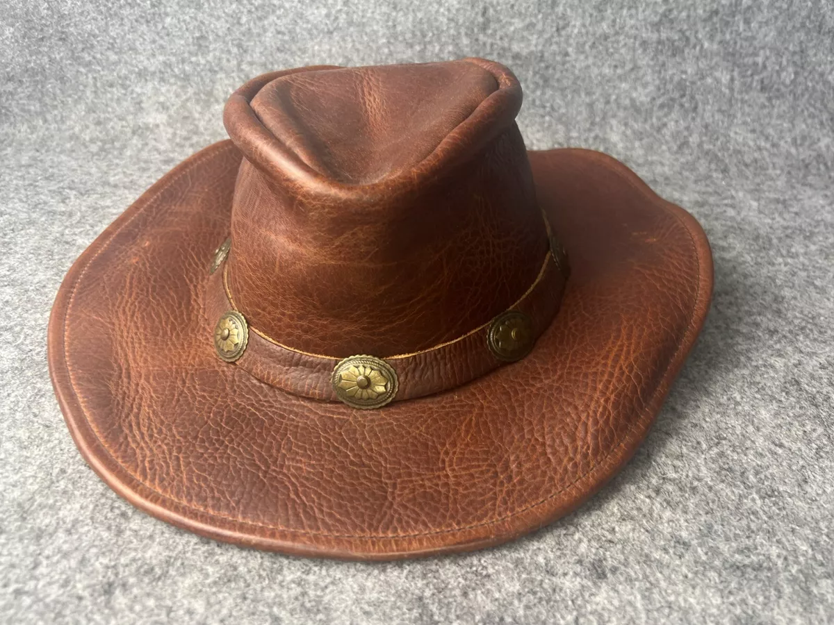 Vintage Henschel Hat Co Leather Hat Men's Small Brown Western USA Made Medallion