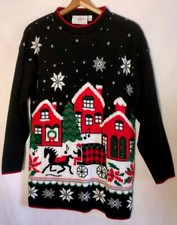 Ugly Christmas Sweater JJ Poole M Black Glitter Snow Village Sleigh Grannycore