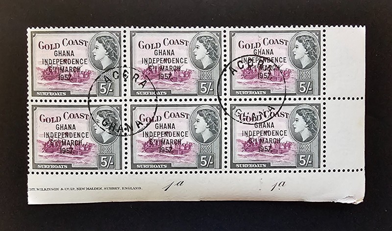 Gold Coast QEII Ghana Independence 1957 OVPT 5 Shillings Surf Boats BK Sheet #1a