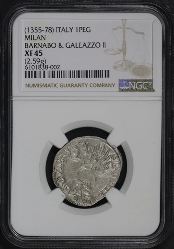 (1355-78) Italy Milan Barnabo & Galeazzo II Silver 1 Pegion (2.59g) NGC XF-45