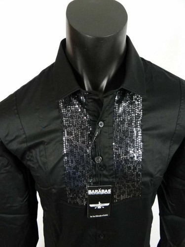 Mens Shirt Black White Shiny Sequins Event Wedding Barabas Classic Fit Button Up - Picture 3 of 13