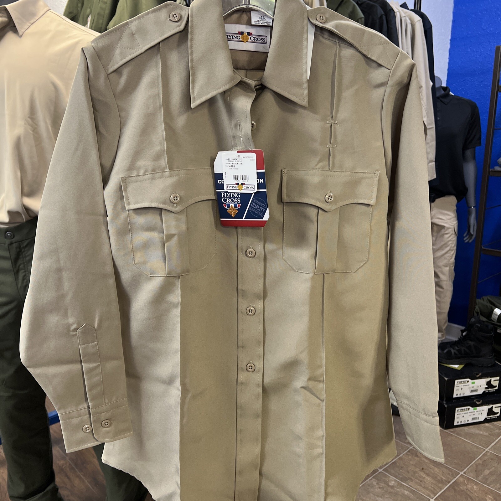 flying cross silver tan shirt