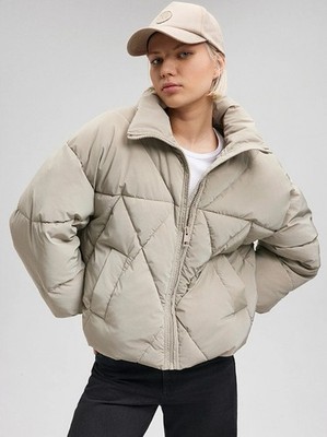 Mavi Puffer Jacket Women s XS Taupe Full Zip Funnel Neck