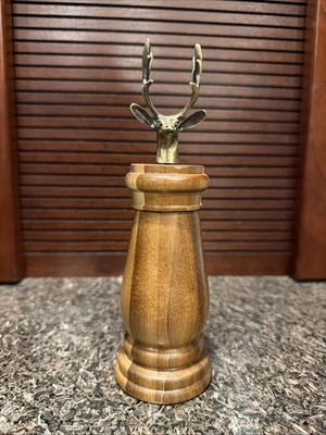 NEW Carved Wood Pepper Mill With Brass Stag Deer On Top 7 3/4 