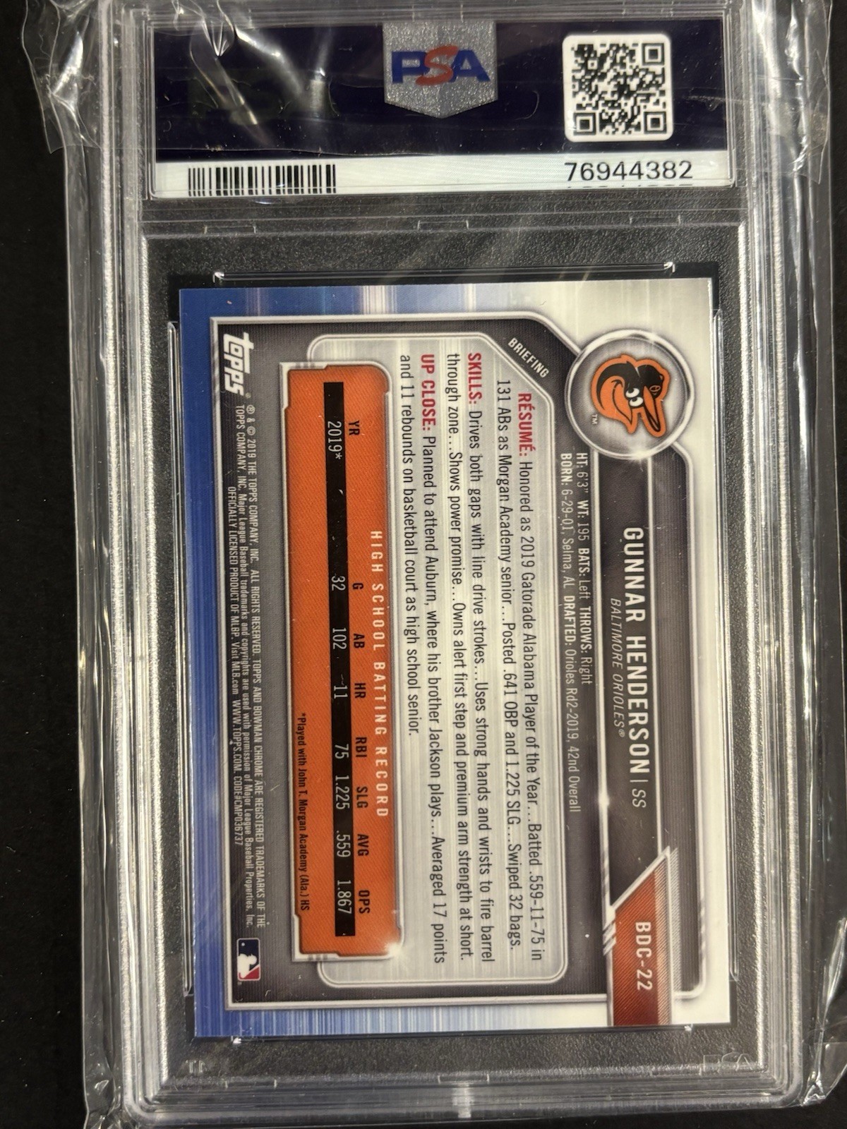 2019 Bowman Draft Gunnar Henderson Chrome PSA 10 view 2