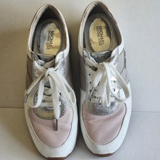 MICHAEL KORS Rosa Blanco Plata Cuero Entrenador Tenis Zapatos para Mujer 7M 37M HJ16L