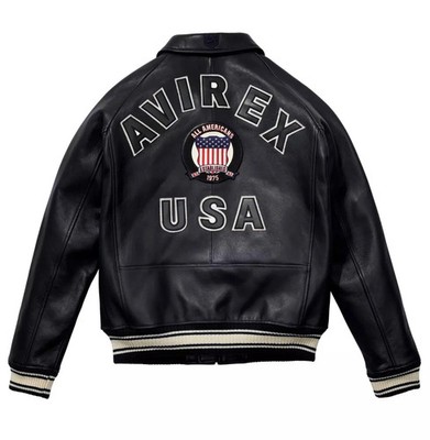 Herren Avirex Bomberjacke Schwarz   Custom Echt Leder American Flight Jacket