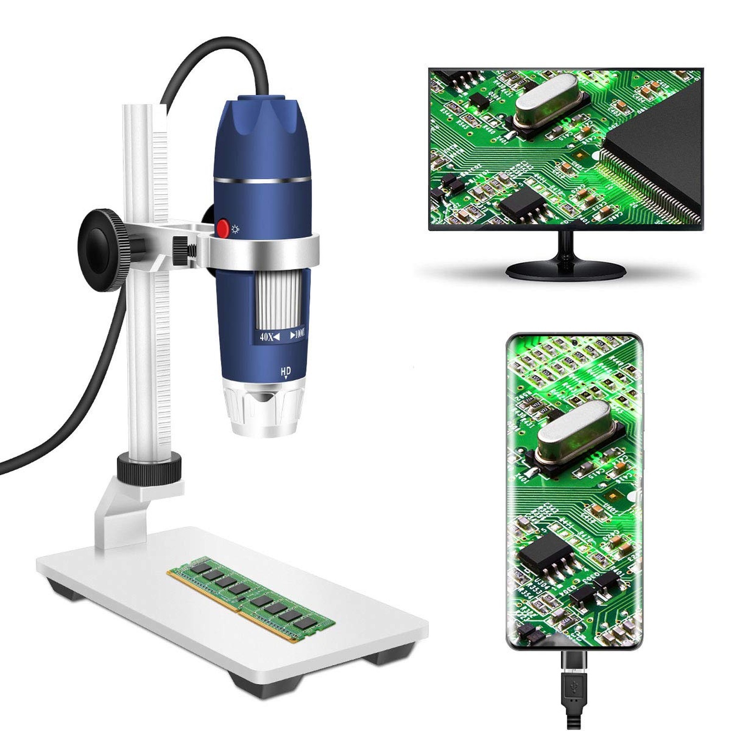 HD 2MP USB Digital Microscope 40X to 1000X Portable Magnification Endoscope C...