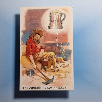 Comic Postkarte um 1910 schlafender Bergmann Hacke Axt Bierkrug Traum