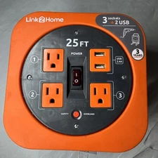 Link2Home 25 ft. Extension Cord Reel 3 Power Outlets 2 USB 2.4A Safety Overload