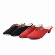 Chic Womens Pointed Toe Slippers Faux Suede Block Heels Casual Dress Mule Summer