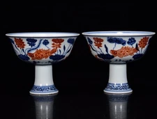 3.9" Xuande dynasty blue white porcelain fish lotus flower Tea cup Bowl pair