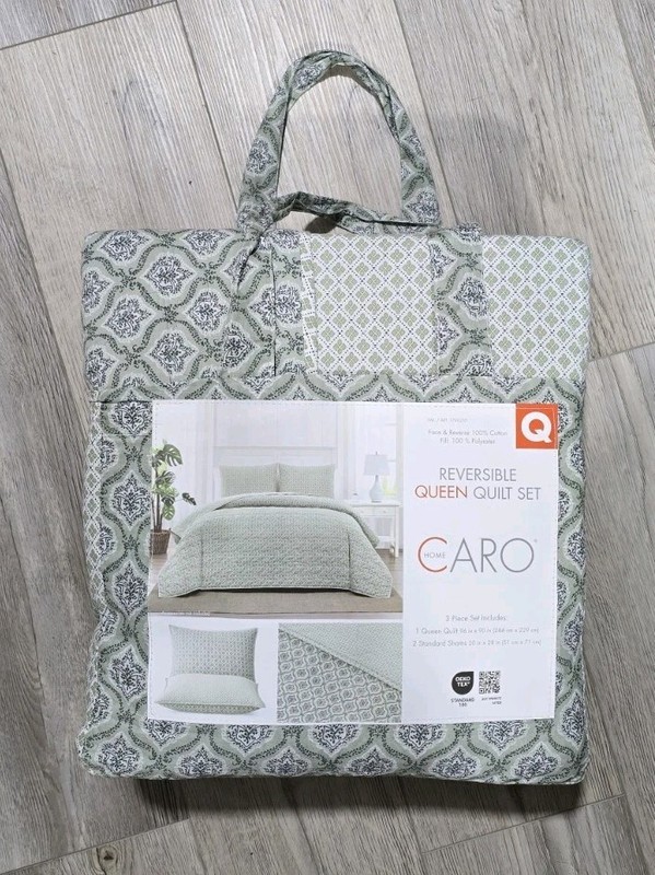 Caro Home 3 piece Cotton Quilt Set Priya Sage Queen Size NEW