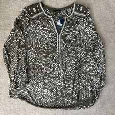Lucky Brand Top Women 1X Olive Green Floral Embroidered Peasant Boho Cottagecore