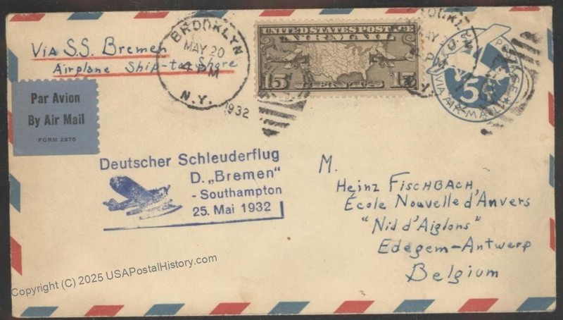 USA 1932 Bremen Catapult K102 Cover Airmail Germany Antwerp Belgium 116213