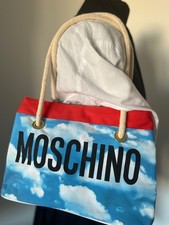 Vintage Moschino Cloud Print Handbag 90s Logo Blue White Rope Handles TAD