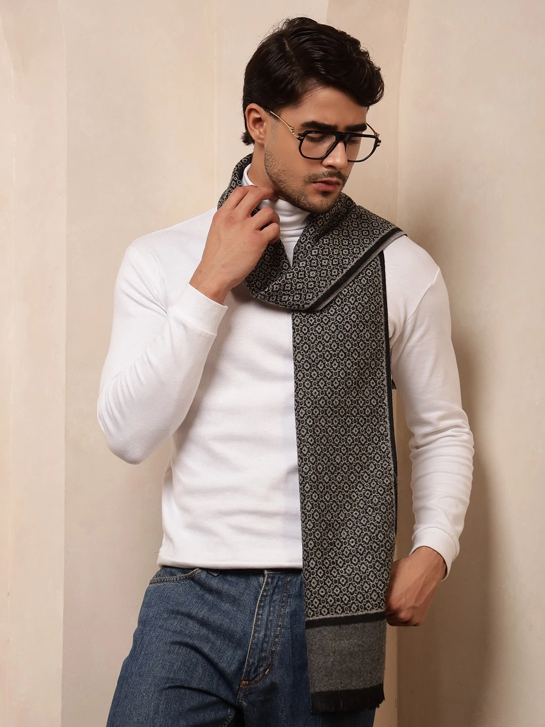 Men's Warm Neck Wrap Abstract Cashmere Scarf Handmade Grey Soft Wool scarves