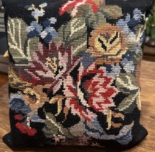 Needlepoint Black Flowered Pillow Vintage 10 x 10 Handmade