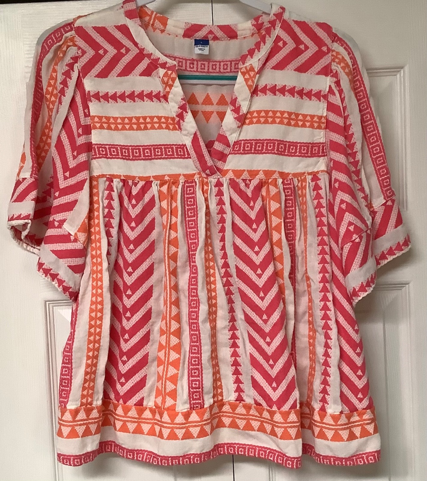 Women’s OLD NAVY Pink Orange & White V Neck Boho Blouse Sz Large  Excellent Cond