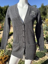 Ralph Lauren Sport Cardigan Sweater Gray Merino Wool Boyfriend Sz S Women Logo