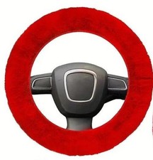 Sheepskin Fleece Wool Steering Wheel Cover Fleecy Soft Red Stretch Universal Fit